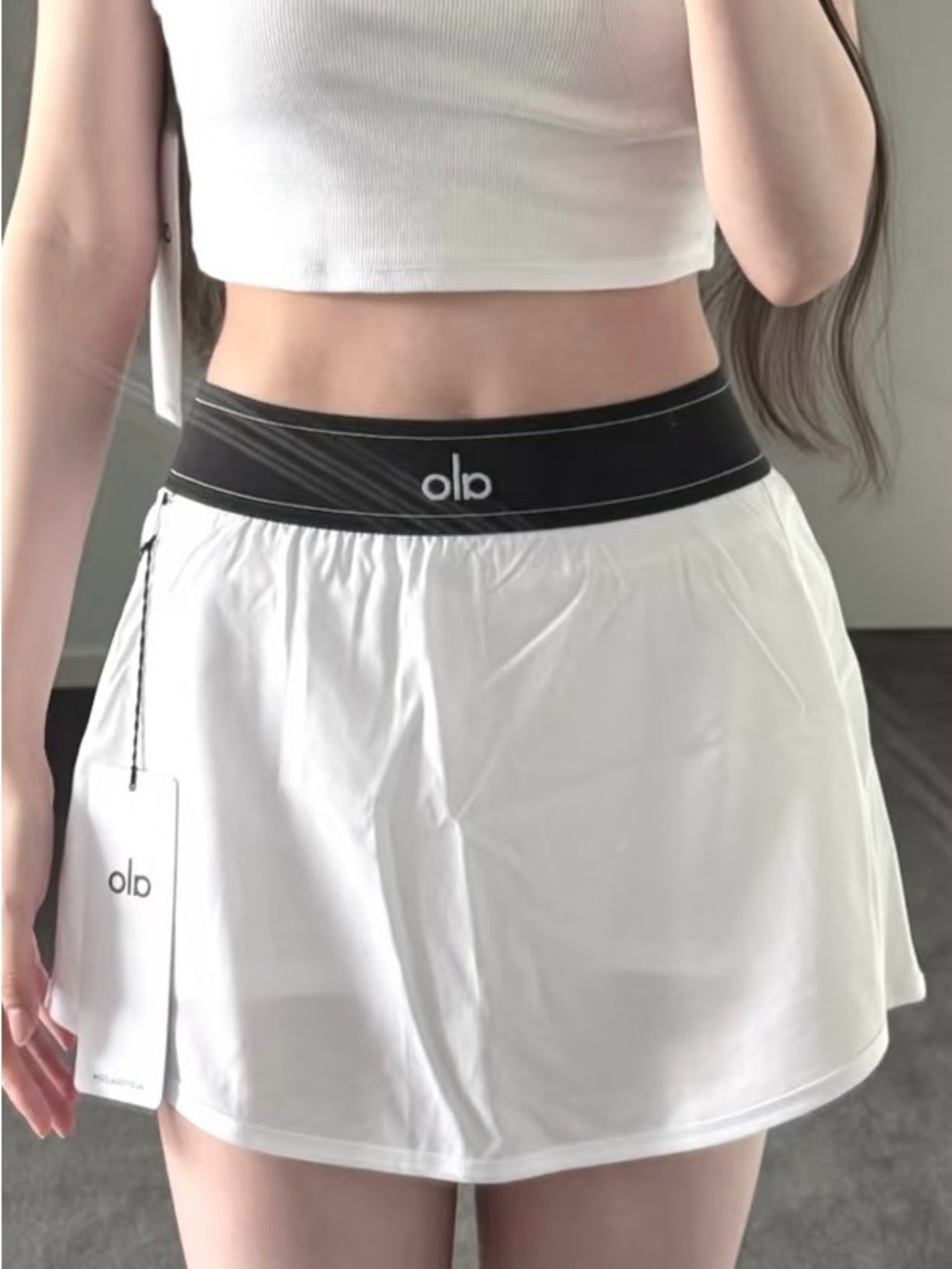 ALO Yoga White Skater Skirt with Black Logo Waistband